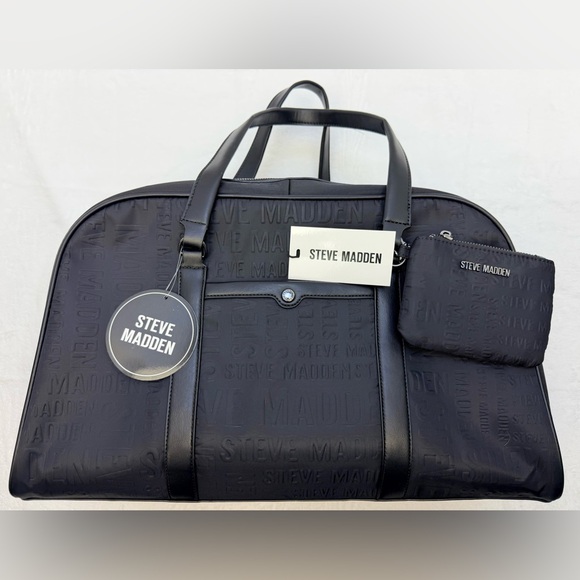 Steve Madden Embossed Bcorbin Black Duffel/Overnight/Weekender Bag with Pouch